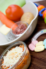 Fototapeta na wymiar healthy baby food and ingredients