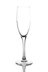 Closeup of empty champagne glass on white background