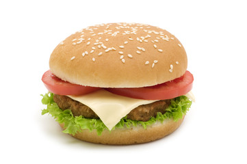Tasty hamburger on white background.