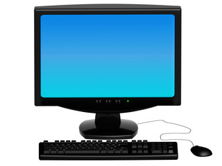 computer monitor with black keyboard and mouse