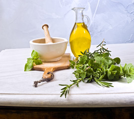 pestle mortar fresh herbs