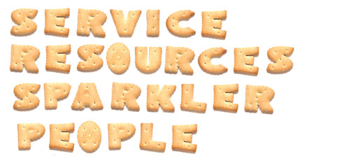 The words: service, resources, sparkler, people made of cookies.