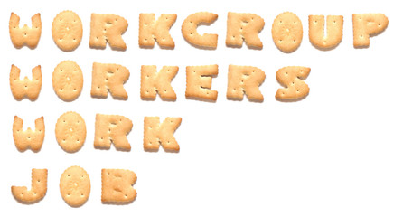 The words: workgroup, workers, work, job made of cookies.