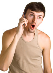 young surprised men with cellular phone