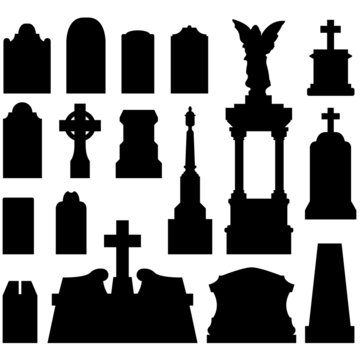 Grave and tombstones with statues - vector silhouette set