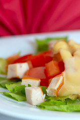 Plate with salad, tomato, cheese, balyk