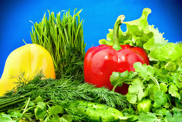 vegetables on blue background