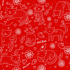 Bright children pattern with cats, birds and spring flowers