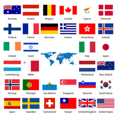 Detailed industrialized country flags and world map
