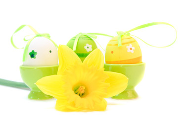 yellow daffodils and easter egg isolated on white