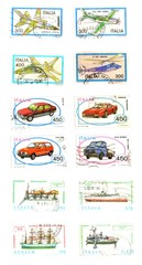 Italian  stamps: cars, planes, boats