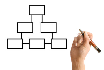 Sketch of organization. Hand and pen isolated on white