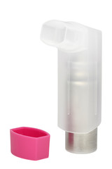 Translucent asthma inhaler with pink hood