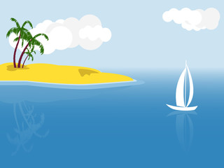 Fototapeta na wymiar tropical vector summer scene with palm trees and sailboat