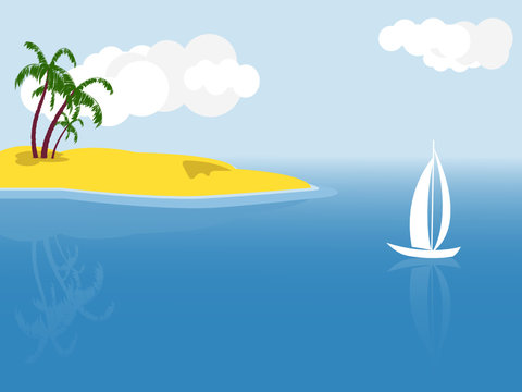 tropical vector summer scene with palm trees and sailboat