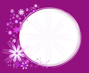 cadre rond blanc sur fond violet avec fleurs roses, parme et bla