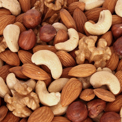 Assorted nuts (almonds, filberts, walnuts, cashews) close up