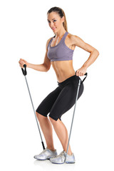 A pilates instructor with exercise bands isolated on a white