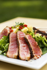 Seared tuna on square plate