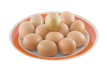 One golden and many ordinary easter rural eggs lying in white po