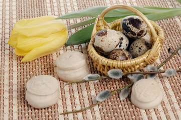 Easter still-life with a tulip, eggs and a willow