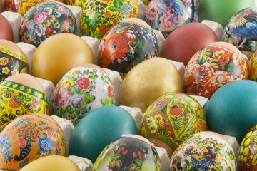 Many decorated different easter eggs background