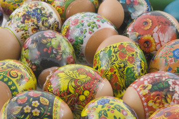 Many decorated different easter eggs background