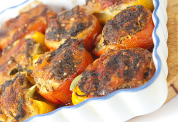Stuffed vegatables fried in ceramics, closeup
