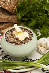 place setting with boiled buckwheat on served table