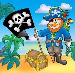 Deurstickers Piraten Piraat met vlag op strand