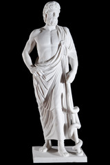 White marble classic statue of Asclepius isolated on black
