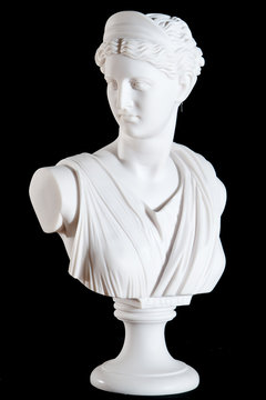 Classic white marble bust of Athena isolated on black