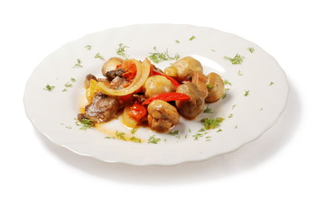 Savory mushrooms with pieces of onion, tomatoes and dill