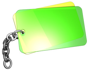 Grüne und gelbe Plastikplakette an Metallkette