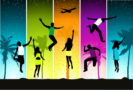 Summer vacations, funny people on colorful backgound