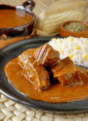Mole con carne de ternera acompañado con arroz. México.