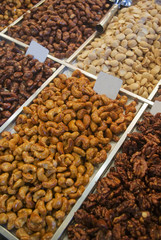 Nuts and candies at la boqueria market in Barcelona Spain