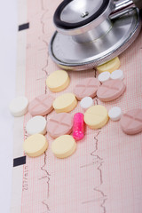 Electrocardiogram and medcines and stethoscope