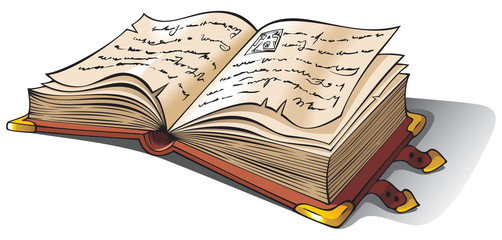 Ancient opened book with cursive, old folio, manuscript, vector