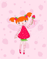 Cute strawberry fairy flying on pink background