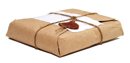 delivery hand with parcel isolated on white