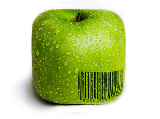 Bar code on a square green apple isolated on white