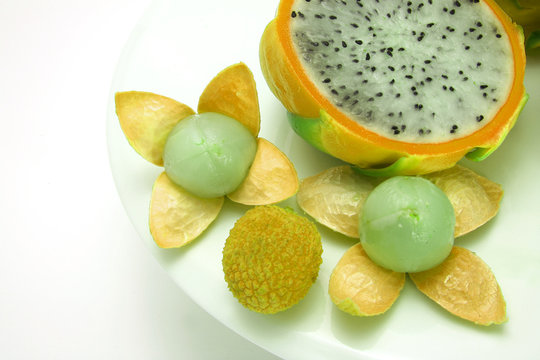 half of dragon fruit and litchi