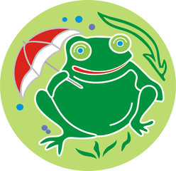 green frog with red umbrella