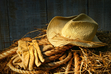 Straw hat with gloves on a bale of hay - 13095600