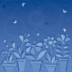 Dark blue background with flowers in pots