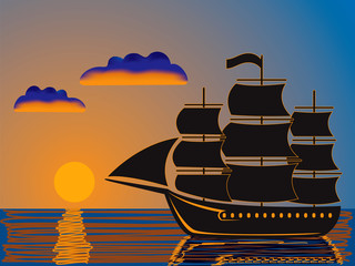 Fototapeta premium silhouette of a ship sailing at sunset