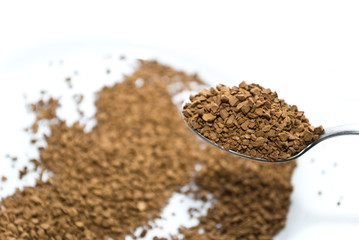 Closeup of the instant coffee in the spoon.