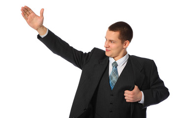 young businessman with raised hand