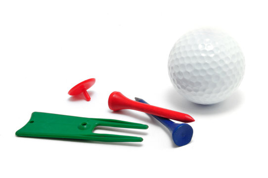 Golf Ball, Tees, Marker, and Divot Repair Tool